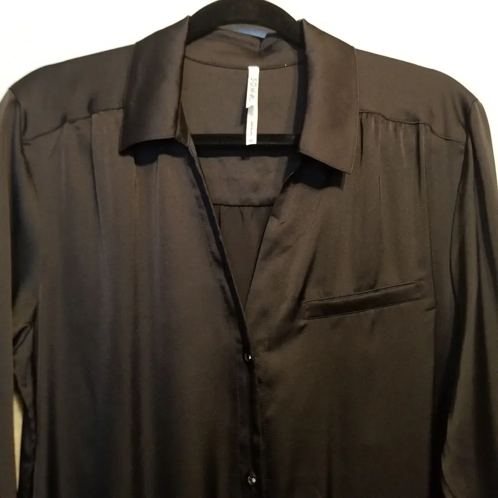 Soma M Dress Sleep Shirt Black Satin Button Front Loungewear Nightgown Classic